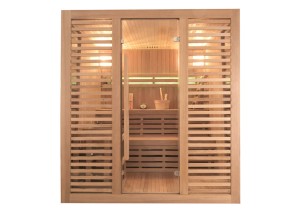 Sauna de vapor Tradicional ST-4000, fachada de vidrio y persianas de madera